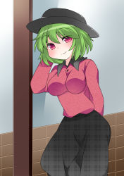 Rule 34 | 1girl, arm behind back, arm up, breasts, casual, commentary request, contemporary, green hair, hammer (sunset beach), hat, impossible clothes, kazami yuuka, looking at viewer, medium breasts, plaid, plaid skirt, red eyes, short hair, skirt, solo, touhou, unmoving pattern