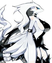 Rule 34 | 1girl, armlet, black choker, black dress, black thighhighs, breasts, choker, creatures (company), dress, from side, furry, furry female, game freak, gen 5 pokemon, large breasts, legendary pokemon, looking ahead, nintendo, pokemon, pokemon (creature), reshiram, sideboob, simple background, snout, solo, thighhighs, usa37107692, white background