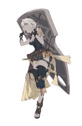 Rule 34 | 1girl, black gloves, elf, essual (layer world), fantasy, female focus, full body, gloves, highres, leather skirt, leg armor, original, pauldrons, pointy ears, pouch, sandals, shield, simple background, single pauldron, skirt, solo, toes, walking, white background, white hair