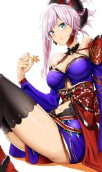 Rule 34 | 1girl, bad id, bad pixiv id, bare shoulders, black thighhighs, blue eyes, breasts, cleavage, doko tetora, fate/grand order, fate (series), large breasts, long hair, looking at viewer, miyamoto musashi (fate), miyamoto musashi (third ascension) (fate), navel, pink hair, sash, simple background, sitting, smile, solo, thighhighs, white background
