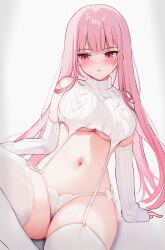 Rule 34 | 1girl, absurdres, arm support, bare shoulders, blunt bangs, blush, breasts, commentary, detached sleeves, english commentary, highres, hololive, hololive english, knee up, koahri, large breasts, long hair, long sleeves, meme attire, mori calliope, navel, parted lips, pink eyes, pink hair, sleeveless, sleeveless sweater, sleeves past wrists, solo, sweater, thighhighs, thighs, turtleneck, turtleneck sweater, underboob, very long hair, virgin destroyer sweater, virtual youtuber, white sweater, white thighhighs