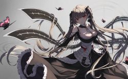 Rule 34 | 1girl, absurdres, amane utata, azur lane, black dress, breasts, bug, butterfly, cleavage, dress, flight deck, formidable (azur lane), frilled dress, frills, gothic lolita, grey hair, hair ribbon, highres, holding, holding clothes, holding skirt, huge filesize, insect, large breasts, lolita fashion, long dress, long hair, maid, multicolored hair, neckwear between breasts, red eyes, ribbon, skirt, solo, twintails, two-tone dress, two-tone hair, very long hair, white neckwear