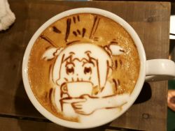 Rule 34 | 10s, 1girl, bkub (style), cappuccino, coffee, coffee cup, cup, disposable cup, drink, food art (medium), george (yamamoto kazuki), latte art, latte art (medium), parody, photo (medium), poptepipic, popuko, sidelocks, solo, style parody, two side up, unconventional media