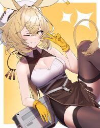 Rule 34 | 1girl, absurdres, animal ears, arknights, blonde hair, breasts, brown thighhighs, carolrin, cleavage, dorothy (arknights), gloves, hat, highres, medium breasts, mouse ears, mouse tail, one eye closed, solo, tail, thighhighs, yellow gloves