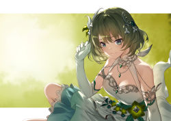 Rule 34 | 1girl, akanebi, bare shoulders, breasts, cleavage, dress, ecien, elbow gloves, feathers, flower, gloves, granblue fantasy, hair ornament, idolmaster, idolmaster cinderella girls, jewelry, looking at viewer, mole, mole under eye, necklace, smile, solo, takagaki kaede, white background