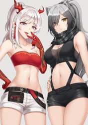 Rule 34 | 2girls, :d, animal ears, arknights, bandeau, bare arms, bare shoulders, black scarf, black shorts, breasts, cat ears, cleavage, commentary, commission, cowboy shot, crop top, english commentary, grey background, grey hair, hand up, highres, kurisu-kun, large breasts, long hair, looking at viewer, midriff, multiple girls, navel, nian (arknights), open mouth, purple eyes, scarf, schwarz (arknights), short shorts, shorts, simple background, small breasts, smile, standing, stomach, strapless, thighs, tongue, tongue out, tube top, white hair, white shorts, yellow eyes