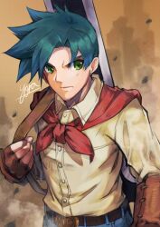 Rule 34 | 1boy, ashley winchester, belt, blue hair, brown gloves, closed mouth, dark blue hair, fingerless gloves, gloves, green eyes, highres, looking at viewer, male focus, red scarf, scarf, shirt, solo, spiked hair, upper body, white shirt, wild arms, wild arms 2, yora
