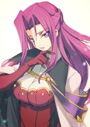 Rule 34 | 1girl, breasts, closed mouth, code geass, cornelia li britannia, creayus, gloves, hand on own chin, large breasts, lips, long hair, looking at viewer, parted bangs, pink lips, purple eyes, purple hair, red gloves, simple background, solo, upper body, white background