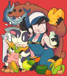 Rule 34 | 1girl, animal, bear, black gloves, black hair, black sports bra, blue overalls, bottle, breasts, carrot, cheese, cleavage, corn, corn cob, cow, fish, food, gashi-gashi, gloves, hat, highres, holding, holding bottle, long hair, medium breasts, milk bottle, no nose, original, overalls, ponytail, potato, red background, simple background, smile, solo, sports bra, tongue, tongue out, white eyes, wide shot
