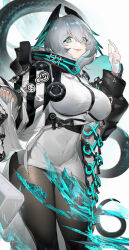 Rule 34 | 1girl, absurdres, aqua eyes, arknights, between breasts, black coat, black pantyhose, blue nails, breasts, coat, commentary request, dress, fangs, feet out of frame, fingerless gloves, gloves, grey hair, hand up, highres, ho&#039;olheyak (arknights), huge breasts, large breasts, long sleeves, looking at viewer, medium hair, multicolored coat, open clothes, open coat, open mouth, pantyhose, pencil dress, skin fangs, smile, snake tail, solo, strap between breasts, tail, two-tone coat, white coat, white gloves, yushe quetzalli