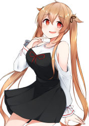Rule 34 | 1girl, :d, bare shoulders, black dress, black ribbon, blush, breasts, clothing cutout, collarbone, cowboy shot, dress, hair between eyes, hair ribbon, hand up, highres, kantai collection, large breasts, light brown hair, long hair, long sleeves, looking at viewer, murasame (kancolle), open mouth, red eyes, red ribbon, ribbon, sakikumo (sakumo), shirt, shoulder cutout, sidelocks, simple background, sleeves past wrists, smile, solo, twintails, two-tone dress, very long hair, white background, white shirt