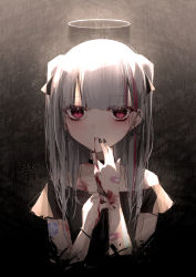 Rule 34 | 1girl, bandaid, bandaid on arm, bandaid on hand, bare shoulders, black choker, black dress, black nails, black ribbon, blood, blood from mouth, blood on hands, choker, commentary request, dress, grey hair, hair ribbon, halo, hands up, highres, kanju, looking at viewer, multicolored hair, nail polish, off-shoulder dress, off shoulder, original, parted lips, red eyes, red hair, ribbon, self-harm, streaked hair, twintails, upper body