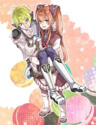 Rule 34 | 1boy, 1girl, bishounen, brown hair, carrying, coma (macaron), commentary request, dress, faize scheifa beleth, green hair, highres, long hair, lymle lemuri phi, official alternate costume, open mouth, pointy ears, princess carry, purple eyes, short hair, star ocean, star ocean the last hope, twintails