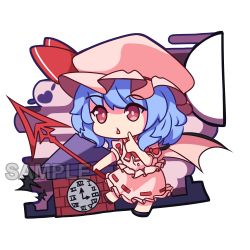Rule 34 | 1girl, absurdres, apdownleftright, bat wings, black footwear, blue hair, chibi, clock, clock tower, commentary, english commentary, full body, hat, highres, holding, holding polearm, holding weapon, medium hair, mob cap, open mouth, pink hat, pink shirt, pink skirt, polearm, puffy short sleeves, puffy sleeves, red eyes, remilia scarlet, sample watermark, shirt, short sleeves, skirt, solo, spear the gungnir, touhou, tower, triangle mouth, watermark, weapon, wings