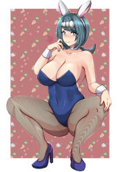 Rule 34 | 1girl, animal ears, blue eyes, blue footwear, blue hair, blue leotard, blue nails, border, breasts, carrot background, choker, covered navel, creatures (company), fake animal ears, freckles, full body, game freak, hair ornament, hand on own knee, high heels, highres, lana&#039;s mother (pokemon), large breasts, leotard, medium hair, mixed-language commentary, nintendo, pantyhose, playboy bunny, pokemon, pokemon (anime), pokemon sm (anime), red background, rinku bny, simple background, smile, solo, white border, white choker, wrist cuffs