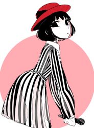 Rule 34 | 1girl, black dress, black eyes, black hair, colored skin, cowboy shot, dress, from side, hat, holding, holding microphone, idkuroi, kokubunji suou, long sleeves, looking at viewer, microphone, mole, mole under mouth, original, parted lips, red hat, solo, striped clothes, striped dress, two-tone dress, vertical-striped clothes, vertical-striped dress, white dress, white skin