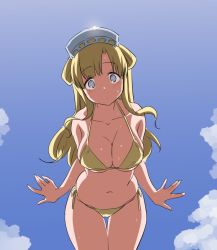 Rule 34 | 1girl, bikini, blonde hair, blue eyes, blush, breasts, cleavage, cloud, commentary request, day, double bun, fletcher (kancolle), from above, hair bun, hairband, halterneck, kantai collection, large breasts, long hair, looking at viewer, outdoors, side-tie bikini bottom, sky, solo, string bikini, sweat, swimsuit, tamu (mad works), yellow bikini