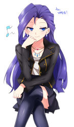 Rule 34 | 1girl, black skirt, black thighhighs, blue eyes, blue hair, blush, crossed legs, earrings, jacket, jewelry, long hair, long sleeves, matching hair/eyes, megarexetera, musical note, my little pony, my little pony: friendship is magic, necklace, personification, rarity (my little pony), rex k, shirt, skirt, smirk, solo, thighhighs, white background, white shirt, zettai ryouiki