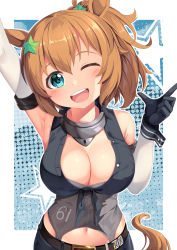 Rule 34 | 1girl, ;d, arm up, armpits, bare shoulders, belt, black belt, black gloves, blue eyes, blush, breasts, brown hair, cleavage, clothing cutout, commentary request, cosplay, gloves, grey shirt, hair ornament, hand up, head tilt, highres, index finger raised, iowa (kancolle), iowa (kancolle) (cosplay), kantai collection, large breasts, looking at viewer, navel, navel cutout, one eye closed, open mouth, partial commentary, ponytail, revision, shirt, short hair, smile, solo, star (symbol), star hair ornament, taiki shuttle (umamusume), tail, umamusume, upper body, yasume yukito