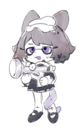 Rule 34 | 1girl, animal ears, arin (fanfan013), black dress, black footwear, cat ears, commentary, cross print, deformed, dress, frilled hairband, frilled sleeves, frills, full body, grey hair, gun, hairband, holding, holding gun, holding weapon, inkling, long sleeves, looking at viewer, mary janes, nintendo, open mouth, original, pantyhose, purple eyes, shoes, short dress, short hair, simple background, sketch, smile, solo, splatoon (series), sweatdrop, tail around own leg, tentacle hair, tentacle tail, weapon, weapon request, white background, white hairband, white pantyhose