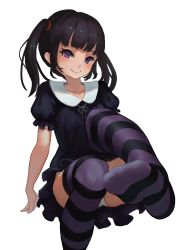 Rule 34 | 1girl, black dress, black hair, dress, feet, hcho, highres, long hair, naughty face, no shoes, original, panties, purple eyes, simple background, sitting, smile, solo, striped clothes, striped thighhighs, thighhighs, twintails, underwear, white background, white panties