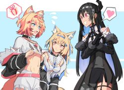 Rule 34 | 3girls, animal ear fluff, animal ears, asymmetrical horns, bandaid, bandaid hair ornament, bare shoulders, belt, belt collar, black collar, black gloves, black hair, blonde hair, blue eyes, blue hair, breasts, collar, colored inner animal ears, colored inner hair, commentary, demon horns, dog ears, dog girl, dog tail, elagune, english commentary, flying sweatdrops, fur-trimmed jacket, fur trim, fuwawa abyssgard, fuwawa abyssgard (1st costume), gift, gloves, hair ornament, hairband, headband, heart, highres, hololive, hololive english, horn hairband, horns, jacket, large breasts, long hair, medium breasts, midriff, mococo abyssgard, mococo abyssgard (1st costume), mole, mole under eye, multicolored hair, multiple girls, navel, nerissa ravencroft, nerissa ravencroft (1st costume), open mouth, pink belt, pink brooch, pink eyes, pink hair, pink hairband, pink headband, red eyes, siblings, single thighhigh, sisters, small breasts, smile, speech bubble, spiked collar, spikes, split-color hair, spoken heart, streaked hair, tail, tassel, tassel hair ornament, thighhighs, twins, two-tone hair, uneven horns, very long hair, virtual youtuber