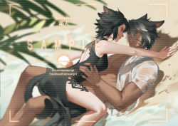 Rule 34 | 1boy, 1girl, absurdres, animal ears, artist name, back cutout, bare arms, bare legs, beach, black dress, black hair, cat ears, cat girl, cat tail, closed mouth, clothing cutout, dark-skinned male, dark skin, dress, english text, eye contact, facial mark, final fantasy, final fantasy xiv, girl on top, hand on another&#039;s waist, hetero, highres, holding, holding with tail, looking at another, lying, miqo&#039;te, mole, mole under mouth, on back, on ground, open clothes, open shirt, outdoors, palm leaf, parted lips, pectorals, prehensile tail, red eyes, sample watermark, sand, shadow, shirt, short hair, short sleeves, shuangbatian, tail, warrior of light (ff14), water, watermark, wet, wet clothes, wet shirt, whisker markings, white shirt