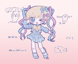 Rule 34 | 1girl, blonde hair, blue bow, blue eyes, blue footwear, blue hair, blue shirt, blue skirt, blush, bow, chibi, chouzetsusaikawa tenshi-chan, full body, hair bow, highres, kaomoji, long hair, long sleeves, looking at viewer, multicolored hair, multiple hair bows, needy girl overdose, one eye closed, open mouth, pink bow, pink hair, pleated skirt, purple bow, quad tails, sailor collar, school uniform, serafuku, shirt, skirt, smile, solo, standing, twintails, v over eye, very long hair, wotoha, yellow bow