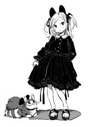 Rule 34 | 1girl, :&lt;, :3, absurdres, animal, animal ears, arm behind back, blush, cat, cat ears, cat loaf, child, closed mouth, collared dress, contrapposto, dot nose, dress, expressionless, fake animal ears, full body, fusuma (nohbrk), greyscale, hair ornament, hair ribbon, head tilt, highres, long hair, long sleeves, looking at viewer, medium dress, monochrome, original, parted bangs, puffy sleeves, ribbon, sandals, simple background, skirt hold, solo, standing, toes, tsurime, two side up, white background