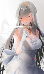 Rule 34 | 1girl, azur lane, backlighting, bad id, bad pixiv id, bare shoulders, belfast (azur lane), belfast (the pledge of claddagh) (azur lane), blue eyes, blush, braid, breasts, bridal veil, chain, cleavage, collar, collarbone, dress, earrings, flower, gloves, half-closed eyes, hand up, highres, jewelry, large breasts, long hair, solo, strapless, strapless dress, tearing up, tears, tiara, veil, very long hair, wedding, wedding dress, white dress, white gloves, white hair, xretakex