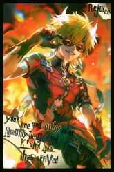 1boy adjusting_eyewear ajaw_(genshin_impact) alternate_costume alternate_eye_color bandana blonde_hair commentary double_helix english_commentary english_text fire genshin_impact green_bandana hand_on_eyewear highres horns kinich_(genshin_impact) knee_up leg_up looking_at_viewer mihoyo orange_eyes pants possessed possession red_shirt shirt short_hair short_sleeves slit_pupils smile smoke solo solo_focus sunglasses thijikoy torn_clothes torn_pants torn_shirt