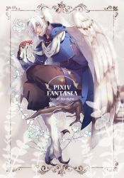 Rule 34 | 1boy, bad id, bad pixiv id, branch, copyright name, head wings, highres, looking at viewer, male focus, pixiv fantasia, pixiv fantasia age of starlight, pointy ears, ryou (pixiv779953), scarf, sitting, solo, talons, white hair, white scarf, white wings, wings