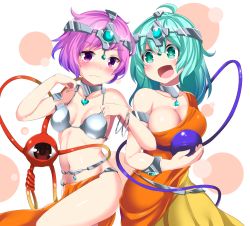 Rule 34 | 2girls, :d, alternate costume, armlet, bare shoulders, blush, breasts, choker, cleavage, collarbone, cosplay, cowboy shot, dancer, dragon quest, dragon quest iv, eyeball, green eyes, green hair, groin, headgear, heart, highres, hitotsuki nebura, indian clothes, komeiji koishi, komeiji satori, large breasts, locked arms, looking at another, looking at viewer, looking down, manya (cosplay), manya (dq4), minea (cosplay), minea (dq4), multiple girls, navel, nose blush, open mouth, pelvic curtain, purple eyes, purple hair, revealing clothes, siblings, sisters, small breasts, smile, thighs, third eye, touhou