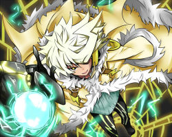 Rule 34 | 1boy, ;d, belt, blonde hair, buckle, coat, dutch angle, electricity, from above, fur trim, glowing, hinaki ren, jacket, lightning bolt symbol, looking at viewer, male focus, o5o3, one eye closed, open clothes, open jacket, open mouth, pants, parted lips, short hair, silk, smile, solo, sparkle, spider web, spiked hair, standing, sweater, yellow eyes, yumekui merry