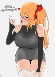 Rule 34 | absurdres, breasts, check translation, detached sleeves, fellatio gesture, girls&#039; frontline, heart, heart-shaped pupils, highres, kalina (girls&#039; frontline), korean text, large breasts, looking at viewer, motion lines, orange hair, ribbed sweater, sexually suggestive, shadytown, sweater, symbol-shaped pupils, tongue, tongue out, translation request