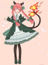 Rule 34 | 1girl, animal ears, bad id, bad twitter id, bell, black pantyhose, bow, braid, cat ears, cat tail, commentary request, dress, egret, fire, flame-tipped tail, flower, frills, full body, green dress, hair bow, highres, juliet sleeves, kaenbyou rin, long hair, long sleeves, multiple tails, nekomata, pantyhose, petticoat, puffy long sleeves, puffy sleeves, red eyes, red hair, solo, tail, touhou, twin braids