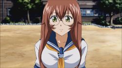 Rule 34 | 00s, 1girl, animated, animated gif, assisted exposure, blush, bouncing breasts, bra, breasts, brown hair, cleavage, embarrassed, glasses, green eyes, ikkitousen, large breasts, lingerie, long hair, pink bra, ryuubi gentoku, school uniform, screencap, standing, underwear, undressing, upper body