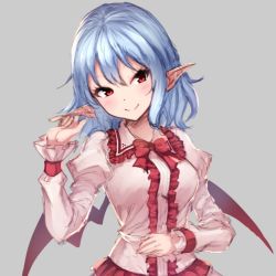 Rule 34 | 1girl, blue hair, blush, bow, bowtie, grey background, junior27016, long sleeves, looking at viewer, pointy ears, red eyes, remilia scarlet, smile, solo, touhou, upper body, wings