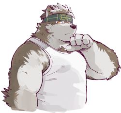 Rule 34 | 1boy, ainu clothes, alternate costume, alternate pectoral size, animal ears, bara, bare arms, belly, casual, chest hair, covered erect nipples, cropped torso, fat, fat man, furry, furry male, garou-zuki, grey fur, grey hair, headband, horkeu kamui, looking at viewer, male focus, multicolored hair, muscular, muscular male, short hair, solo, tank top, tokyo houkago summoners, two-tone fur, two-tone hair, white fur, white tank top, wind, wolf boy, wolf ears, yellow eyes