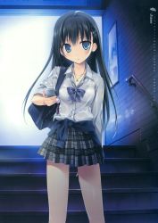 Rule 34 | 1girl, absurdres, bag, black hair, blue eyes, blush, bra, breasts, cellphone, clothes around waist, collared shirt, earrings, hair ornament, hairclip, highres, jewelry, karory, long hair, looking at viewer, necklace, original, pantyhose, phone, scan, school bag, school uniform, see-through, shirt, shoulder bag, skirt, sleeves rolled up, small breasts, solo, stairs, standing, sweater, sweater around waist, underwear, wet, wet clothes, white shirt