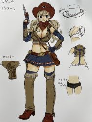 Rule 34 | 1girl, blonde hair, blue eyes, blue skirt, breasts, cleavage, cowboy hat, eden&#039;s zero, full body, gun, hand on own hip, handgun, hat, highres, holster, large breasts, midriff, miniskirt, navel, official art, pleated skirt, rebecca bluegarden, revolver, shoes, skirt, smile, solo, standing, twintails, weapon