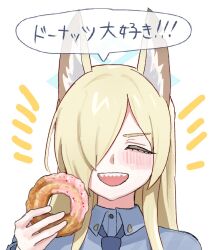 Rule 34 | 1girl, animal ear fluff, animal ears, blonde hair, blue archive, blush, closed eyes, collared shirt, facing viewer, food, hair between eyes, hair over one eye, holding, holding doughnut, holding food, kanna (blue archive), long hair, necktie, open mouth, sharp teeth, shiosai 73, shirt, simple background, smile, solo, speech bubble, teeth, translated, upper teeth only, white background