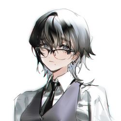 Rule 34 | 1girl, black necktie, close-up, collar, collared shirt, glasses, grey eyes, grey vest, hair between eyes, highres, looking at viewer, mole, mole under mouth, necktie, original, quuni, shirt, short hair, simple background, solo, vest, white background, white shirt