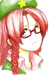 Rule 34 | 1girl, aty (summon night), azumaya toushirou, beret, bespectacled, blouse, blue eyes, braid, glasses, hat, highres, hong meiling, light smile, long hair, looking at viewer, parted bangs, portrait, red hair, semi-rimless eyewear, shirt, simple background, solo, star (symbol), summon night, touhou, twin braids, white shirt