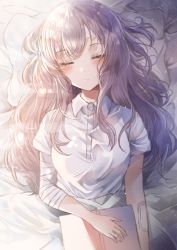 Rule 34 | 1girl, absurdres, bandaged arm, bandages, bandaid, bandaid on arm, bandaid on face, bandaid on forehead, bed, bed sheet, blanket, blouse, blush, breasts, collared shirt, commentary request, closed eyes, facing viewer, grey hair, hair down, head on pillow, highres, idolmaster, idolmaster shiny colors, indoors, long hair, lying, medium breasts, namamake, on back, pillow, revision, shirt, short sleeves, sleeping, solo, under covers, white shirt, yukoku kiriko