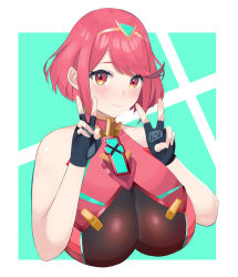 Rule 34 | 1girl, black gloves, blush, border, breasts, chest jewel, closed mouth, commentary request, cropped torso, double v, fingerless gloves, gem, gloves, green background, hands up, highres, huge breasts, looking at viewer, medium hair, nayutayutautau, official alternate costume, pyra (pro swimmer) (xenoblade), pyra (xenoblade), red eyes, red hair, sidelocks, sleeveless, smile, solo, swept bangs, tiara, upper body, v, white border, xenoblade chronicles (series), xenoblade chronicles 2