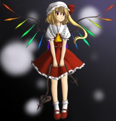 Rule 34 | 1girl, ascot, collar, crystal, dress, female focus, flandre scarlet, frills, full body, hat, looking afar, looking to the side, mary janes, mob cap, puffy short sleeves, puffy sleeves, red dress, red eyes, shoes, short sleeves, socks, solo, standing, touhou, tsukiya sakumi, v arms, white socks, wings