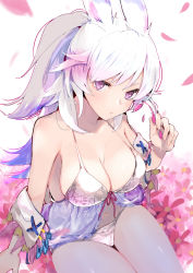 Rule 34 | absurdres, animal ears, warrior of light (ff14), babydoll, bare shoulders, breasts, cleavage, commentary request, copyright request, eyebrows hidden by hair, final fantasy, final fantasy xiv, flower, halterneck, hand up, highres, long hair, looking at viewer, medium breasts, navel, panties, petals, ponytail, purple eyes, rabbit ears, red flower, sitting, solo, tomozero, underwear, underwear only, very long hair, white background, white hair, white panties