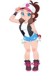 Rule 34 | 1girl, arm up, baseball cap, blue eyes, breasts, brown hair, closed mouth, collarbone, creatures (company), denim, denim shorts, full body, game freak, hat, high ponytail, highres, hilda (pokemon), holding, holding poke ball, large breasts, long hair, looking at viewer, medium breasts, monster l (hochihochiha), nintendo, poke ball, poke ball (basic), pokemon, pokemon bw, ponytail, shirt, short shorts, shorts, sidelocks, smile, solo, standing, vest, white shirt, wristband