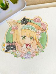 Rule 34 | 1girl, absurdres, animal ear fluff, animal ears, arknights, blonde hair, blue hairband, bow, cardigan, chibi, chinese commentary, closed mouth, commentary request, crossover, flower, fox ears, fox girl, frilled hairband, frills, green eyes, hair flower, hair ornament, hairband, heixiu, highres, luo xiaohei, luo xiaohei zhanji, neck ribbon, official alternate costume, on head, painting (medium), pink bow, pink cardigan, pink flower, purple flower, red ribbon, ribbon, smile, steepled fingers, suzuran (arknights), suzuran (spring praise) (arknights), traditional media, watercolor (medium), yan hui (lingyujun196)